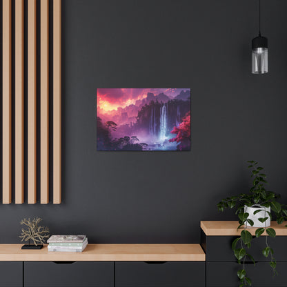 Dreamy Landscape Sunset with Waterfall and Mountains - Digital Illustration Canvas Gallery Wraps