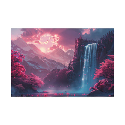 Dreamy Landscape Sunset with Waterfall and Mountains - Digital Illustration Canvas Gallery Wraps