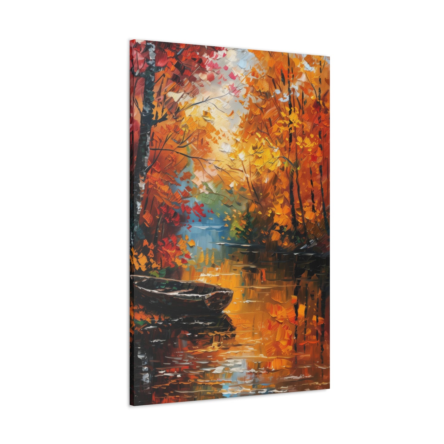 Boat in river side which flows through autumn forest - Leonid Afremov Style Digital Print Canvas Gallery Wraps