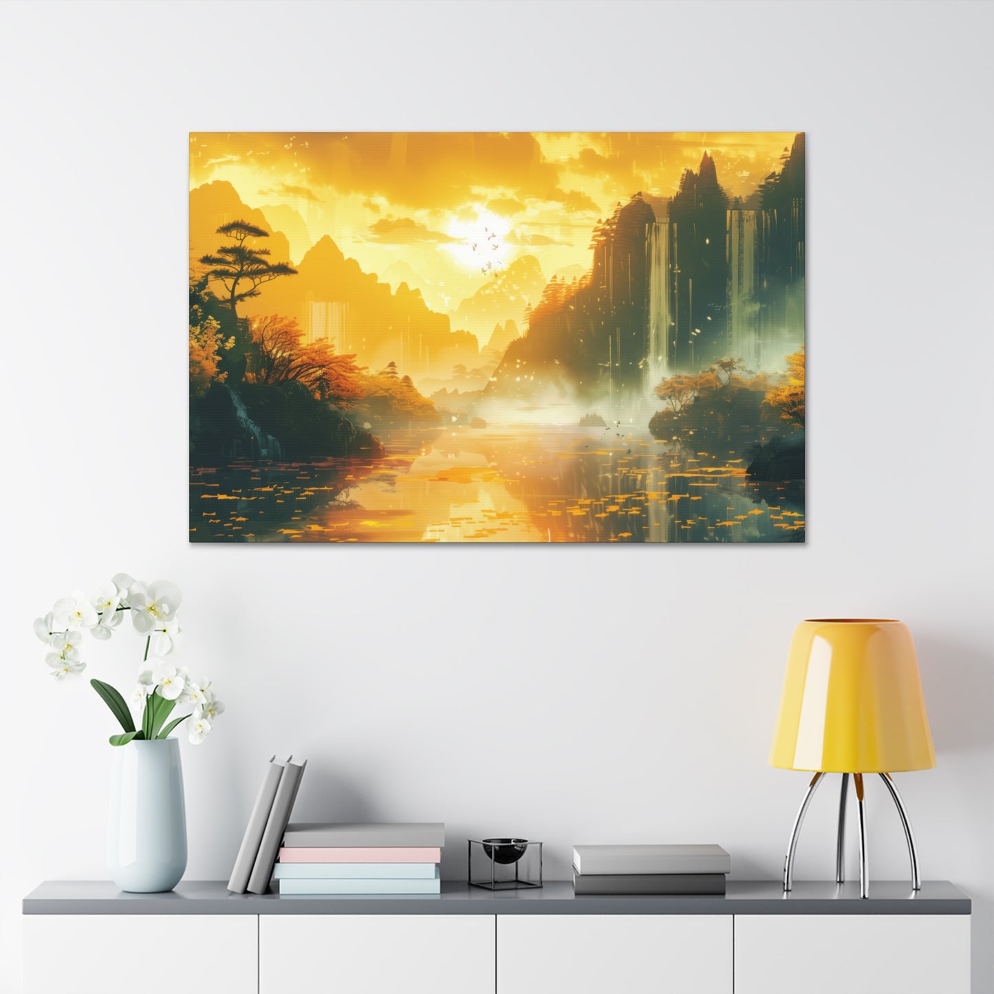 Dreamy Landscape Sunset with Waterfall and Mountains - Digital Illustration Canvas Gallery Wraps