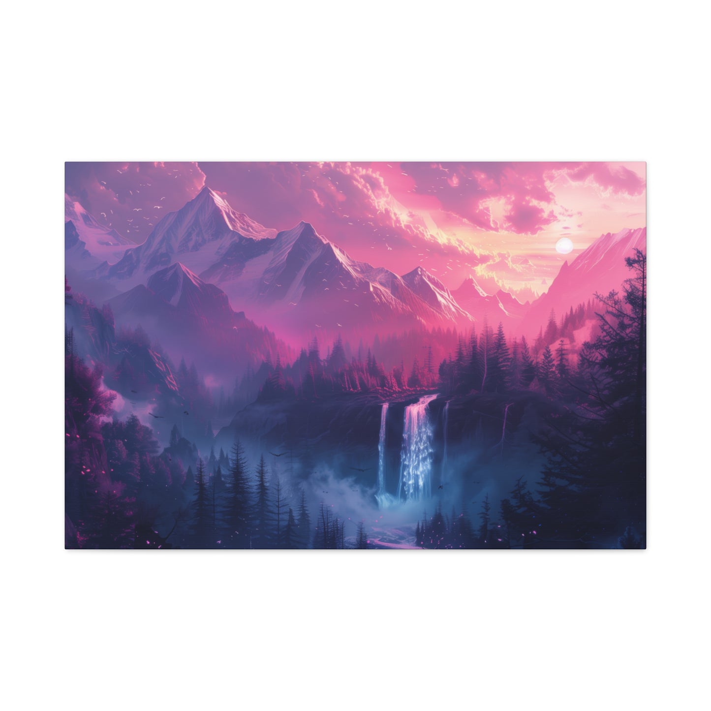 Dreamy Landscape Sunset with Waterfall and Mountains - Digital Illustration Canvas Gallery Wraps