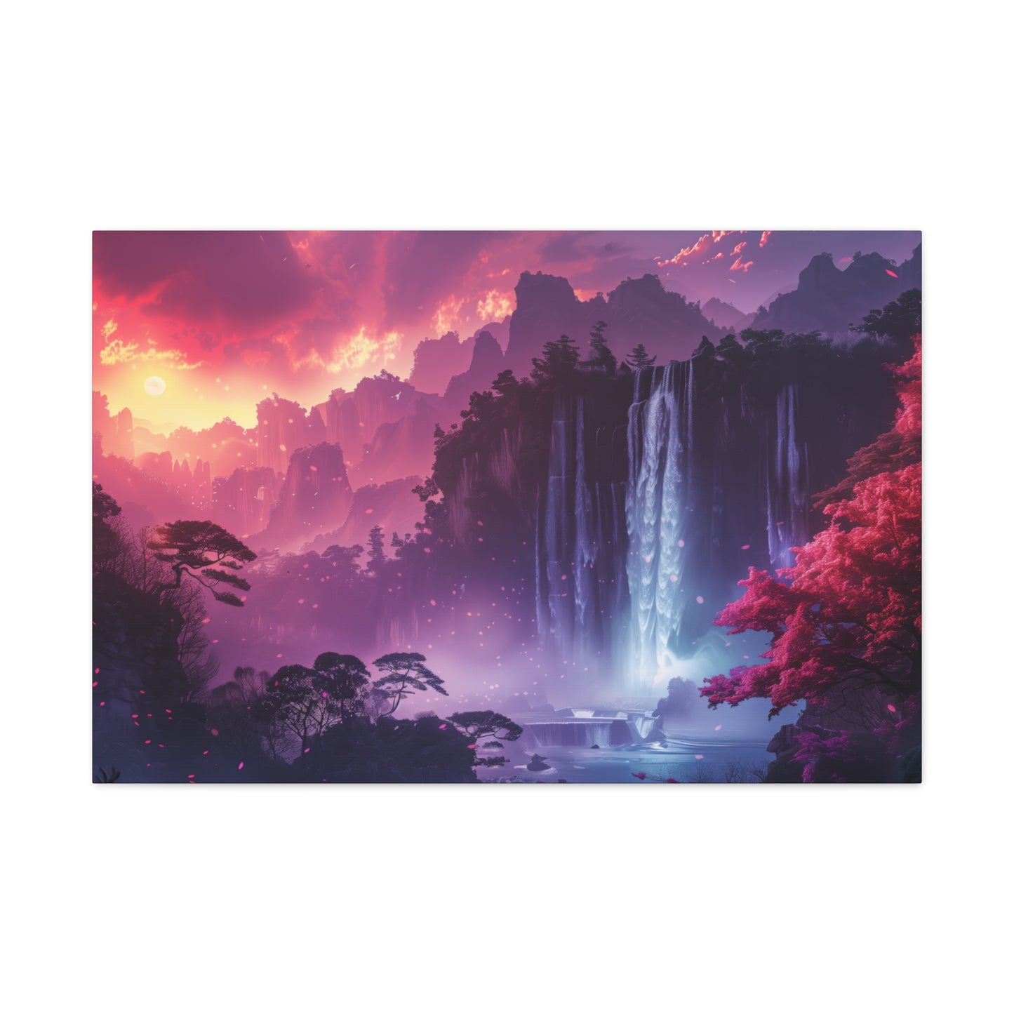 Dreamy Landscape Sunset with Waterfall and Mountains - Digital Illustration Canvas Gallery Wraps