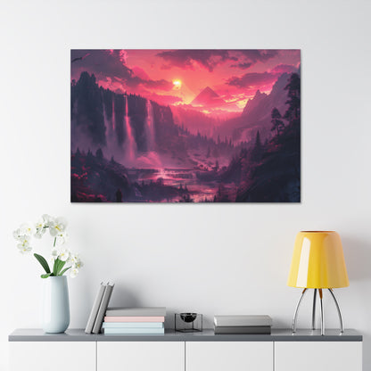 Dreamy Landscape with Waterfall and Mountains - Purple Evening Digital Illustration Canvas Gallery Wraps