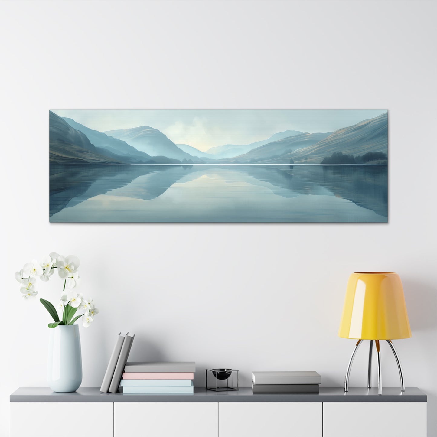 Lake Landscape with Mountains - Morning Mist Panorama Canvas Gallery Wraps