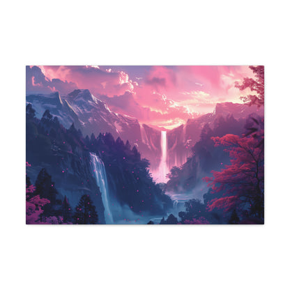 Dreamy Landscape with Waterfall and Mountains - Purple Evening Digital Illustration Canvas Gallery Wraps