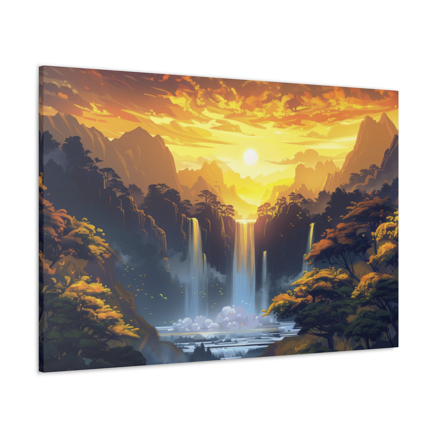 Dreamy Landscape - Waterfall and Mountains in Golden Morning Illustration Canvas Gallery Wraps