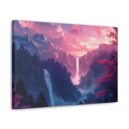 Dreamy Landscape with Waterfall and Mountains - Purple Evening Digital Illustration Canvas Gallery Wraps