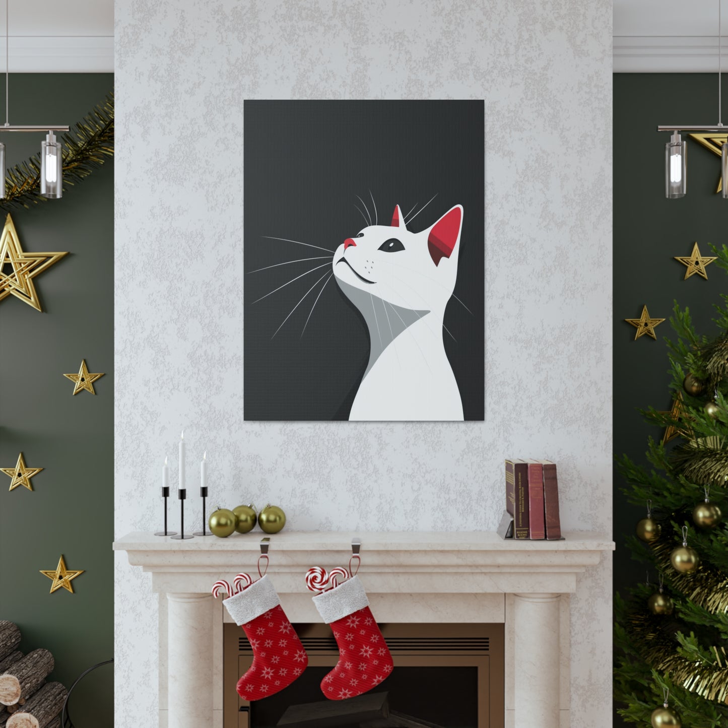 White Cat in Black Background Digital Illustration Canvas Gallery Wraps