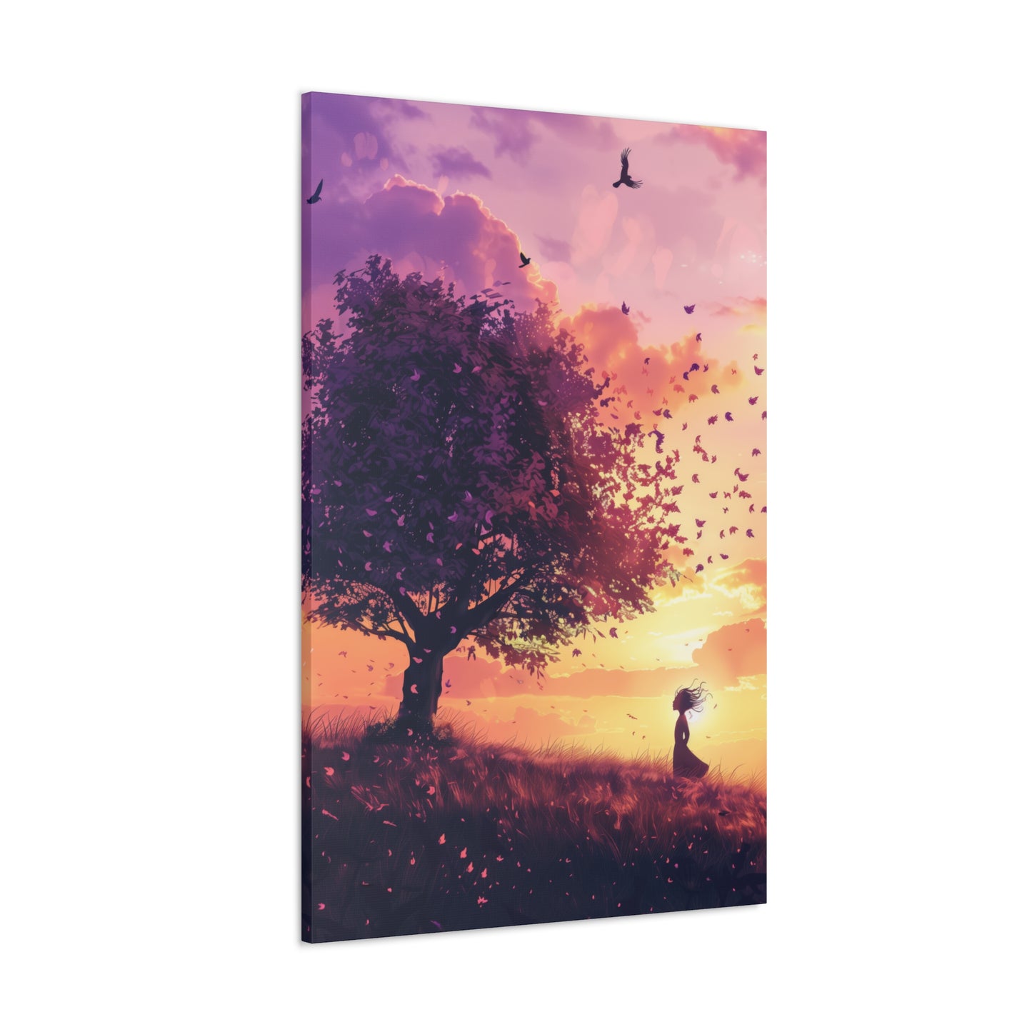 Tree in a Purple Sunset Digital Illustration Canvas Gallery Wraps