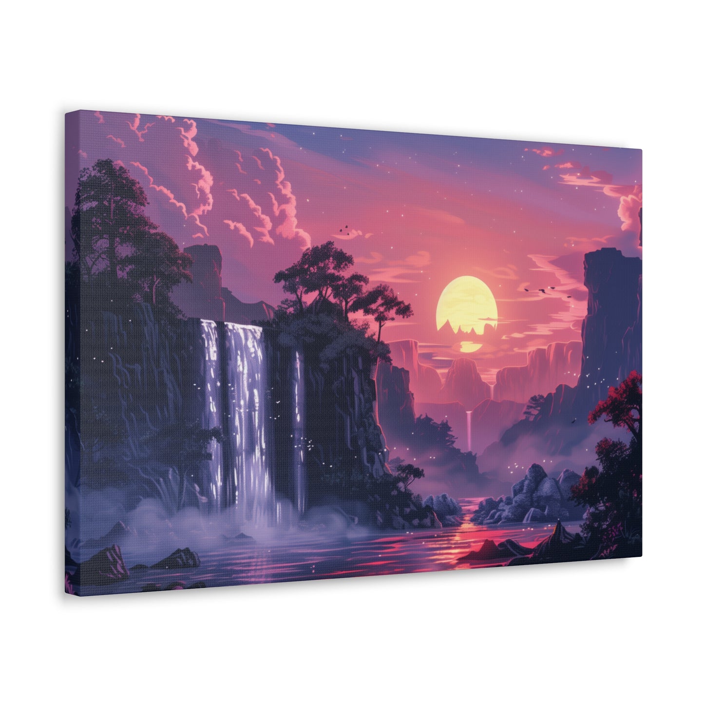 Dreamy Landscape with Waterfall and Mountains - Purple Evening Digital Illustration Canvas Gallery Wraps