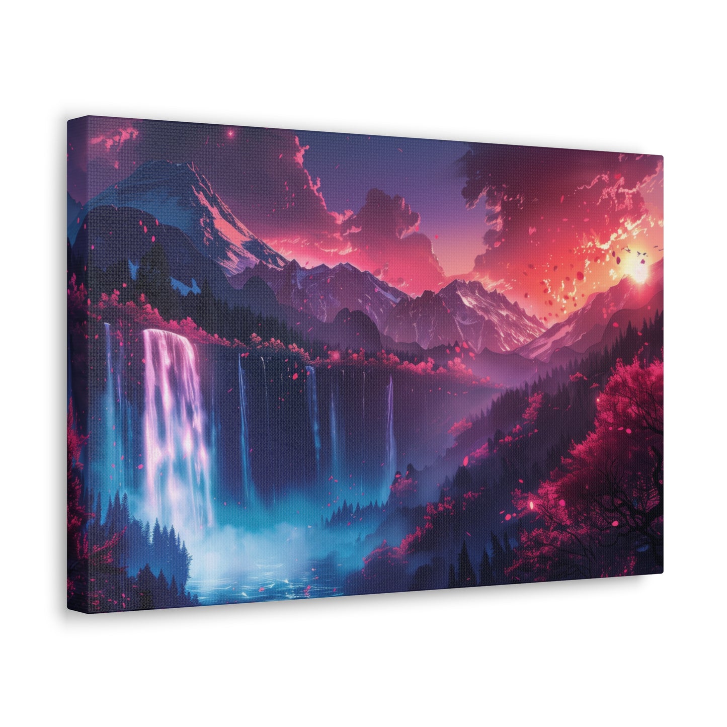 Dreamy Landscape Sunset with Waterfall and Mountains - Digital Illustration Canvas Gallery Wraps