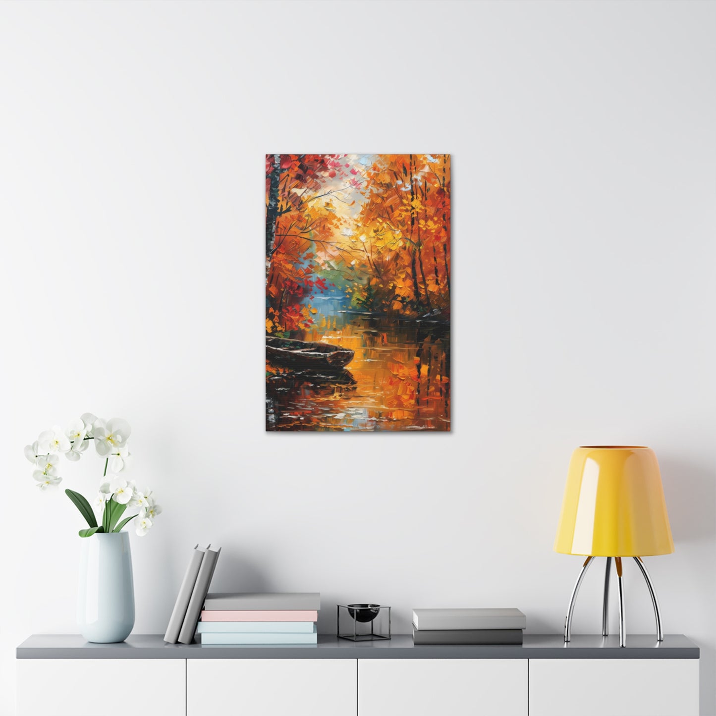 Boat in river side which flows through autumn forest - Leonid Afremov Style Digital Print Canvas Gallery Wraps