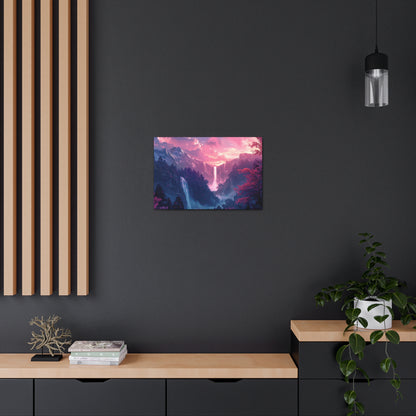 Dreamy Landscape with Waterfall and Mountains - Purple Evening Digital Illustration Canvas Gallery Wraps