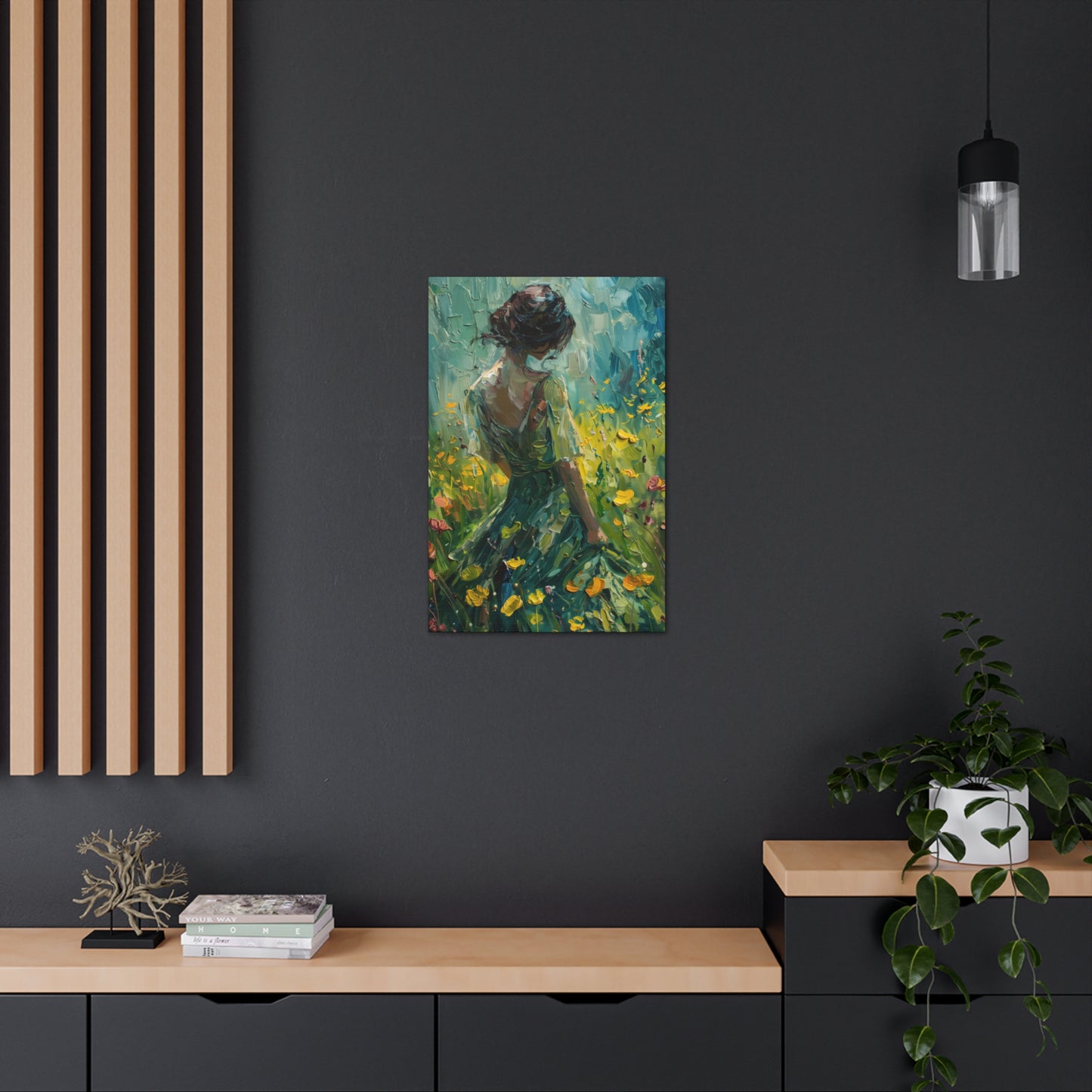 girl in a flower field wearing a green dress Digital Oil Painting Print Canvas Gallery Wraps