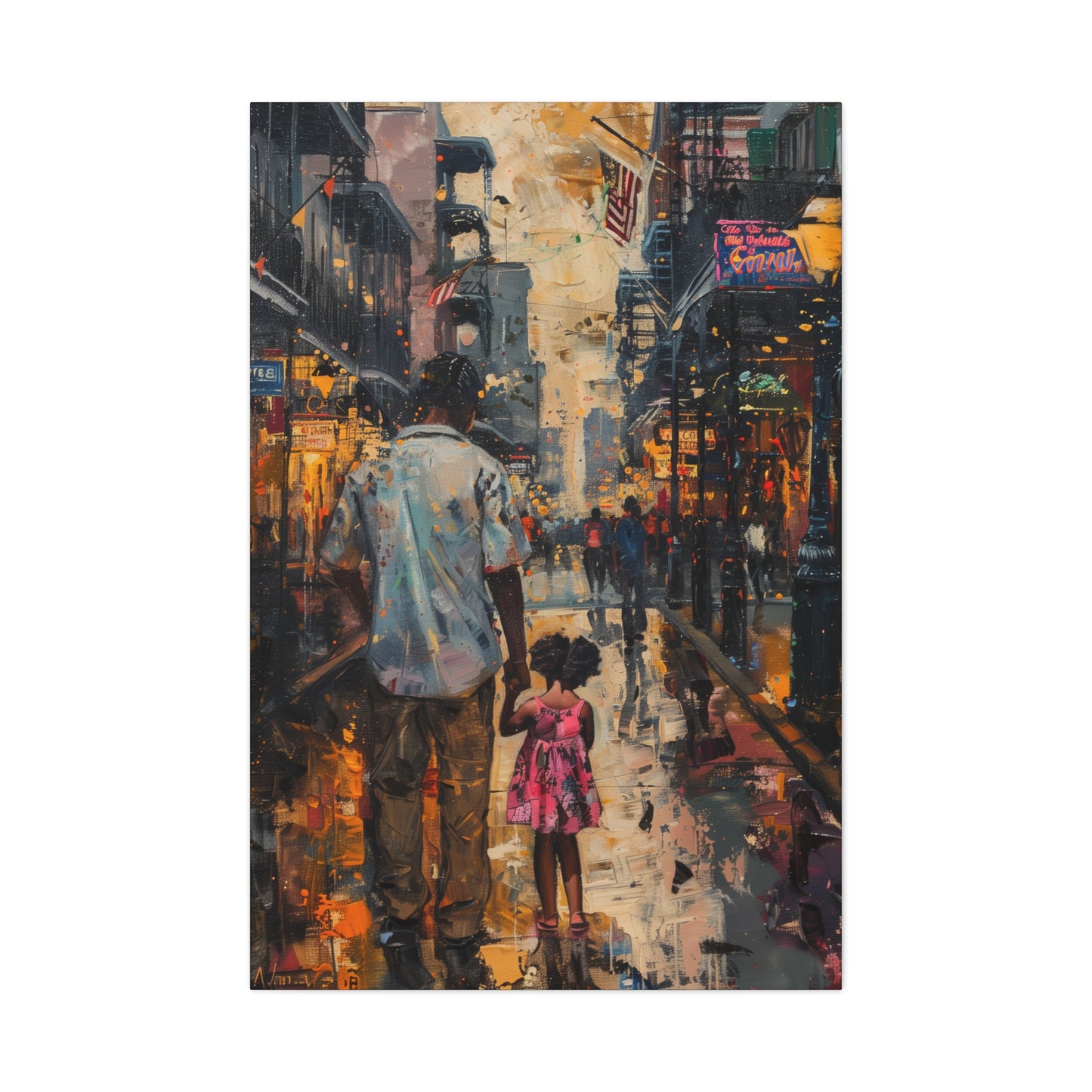 Father and Daughter Walking on the Street - Rembrandt Style Digital Oil Painting Canvas Gallery Wraps