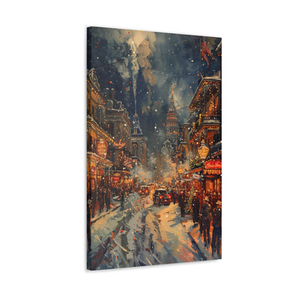 Christmas Street Corner in Downtown - Rembrandt Style Digital Oil Painting Canvas Gallery Wraps