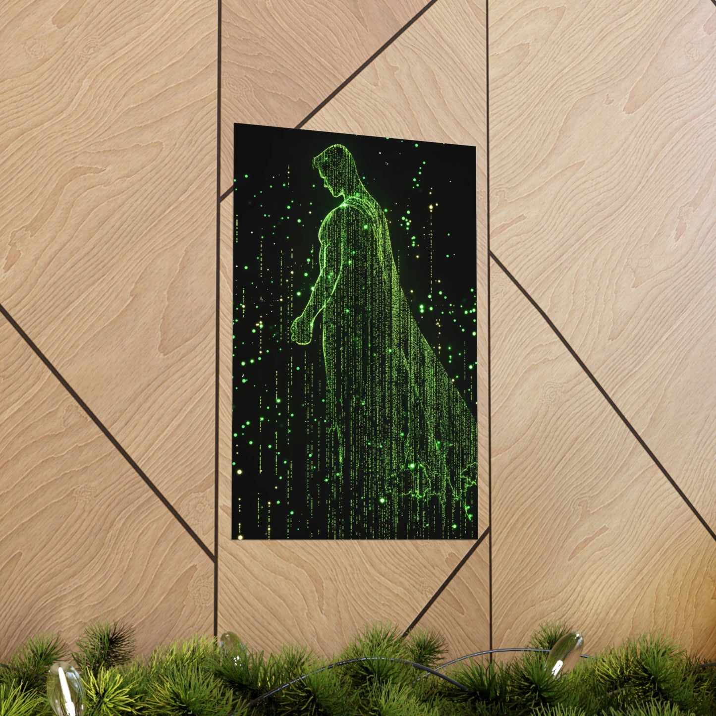 Neon Code Guardian: 3D Glitch Superman Matrix Effect - Digital Illustration Matte Vertical Poster