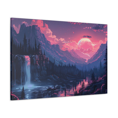 Dreamy Landscape Sunset with Waterfall and Mountains -  Digital Illustration Canvas Gallery Wraps