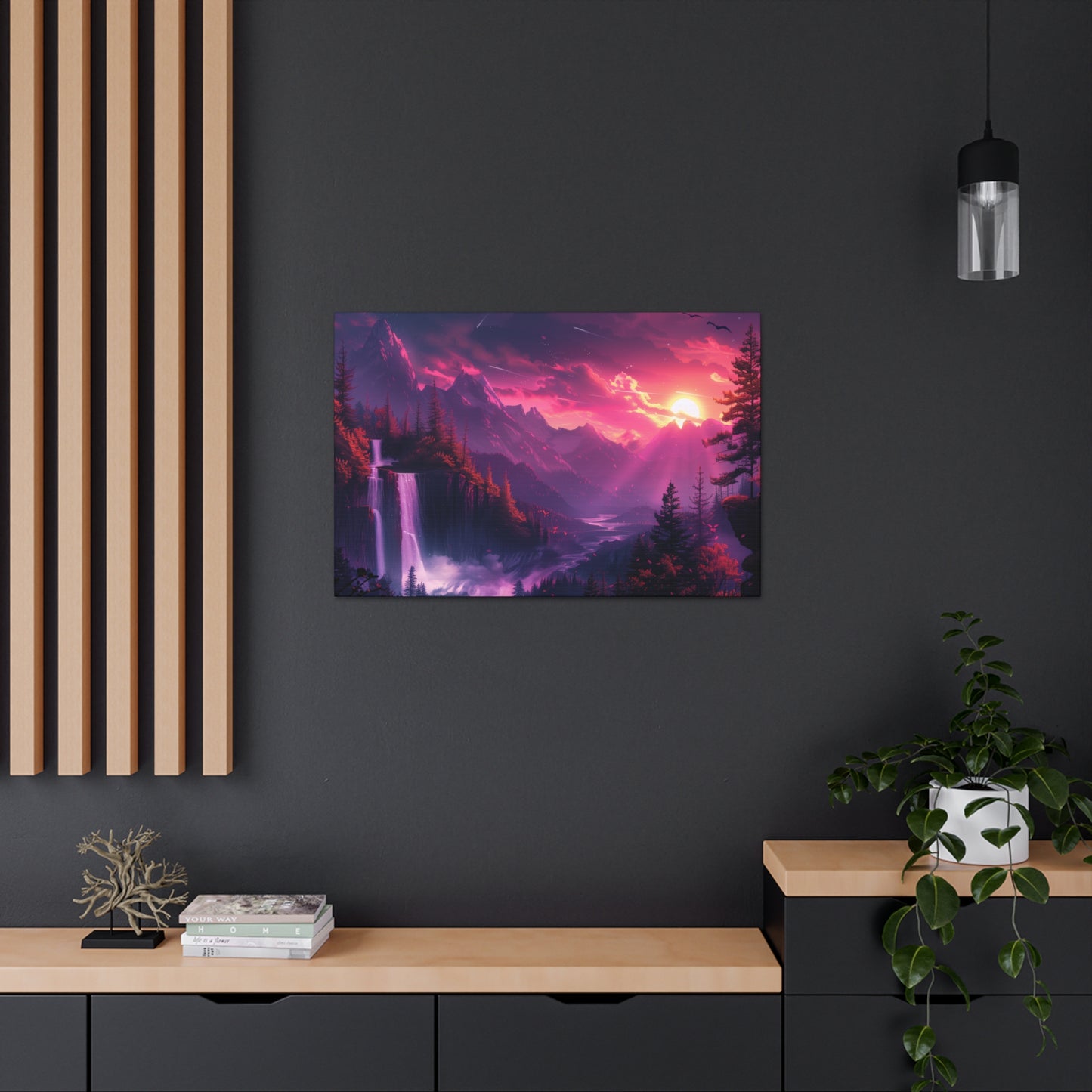 Dreamy Landscape with Waterfall and Mountains - Purple Evening Digital Illustration Canvas Gallery Wraps