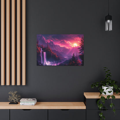 Dreamy Landscape with Waterfall and Mountains - Purple Evening Digital Illustration Canvas Gallery Wraps