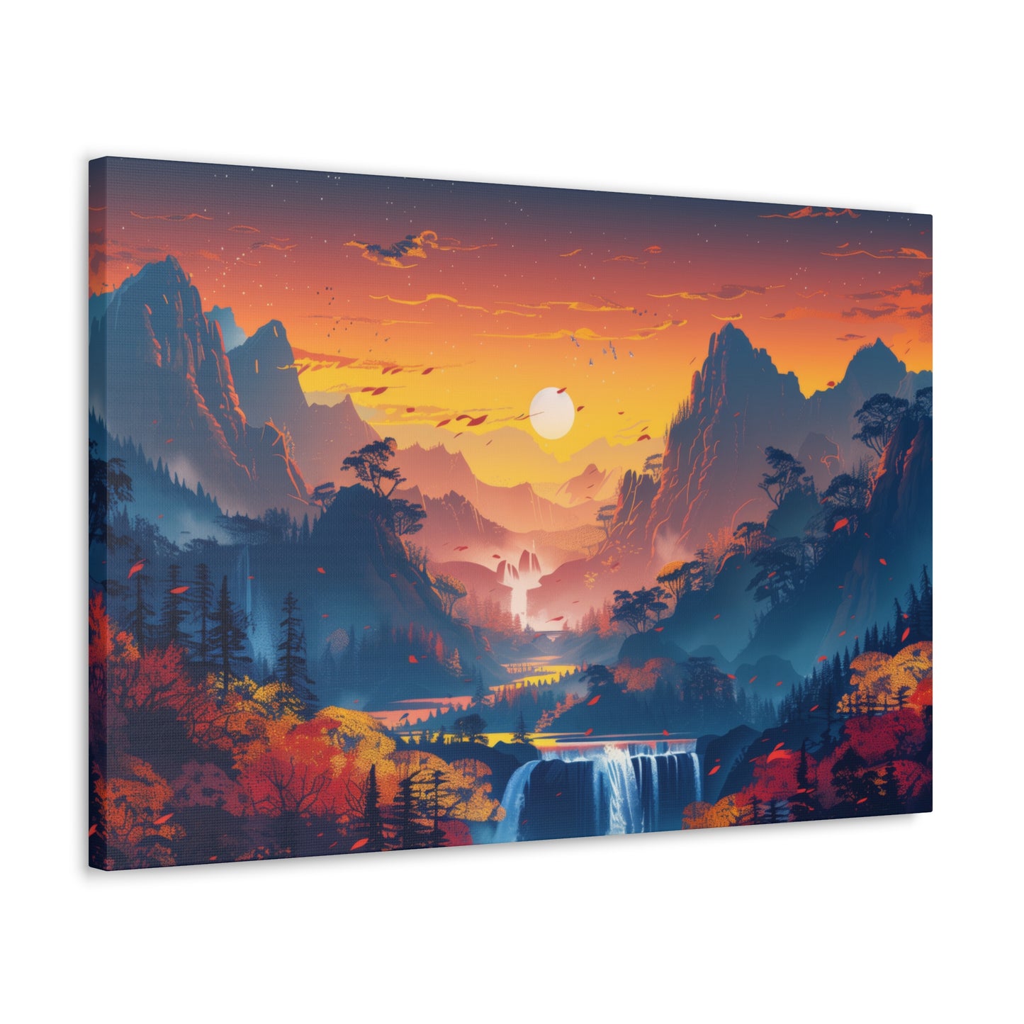 Dreamy Landscape Sunset with Waterfall and Mountains - Digital Illustration Canvas Gallery Wraps