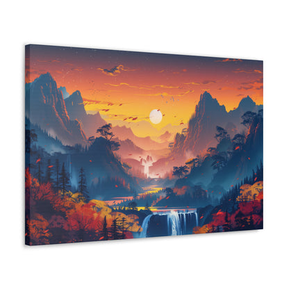 Dreamy Landscape Sunset with Waterfall and Mountains - Digital Illustration Canvas Gallery Wraps