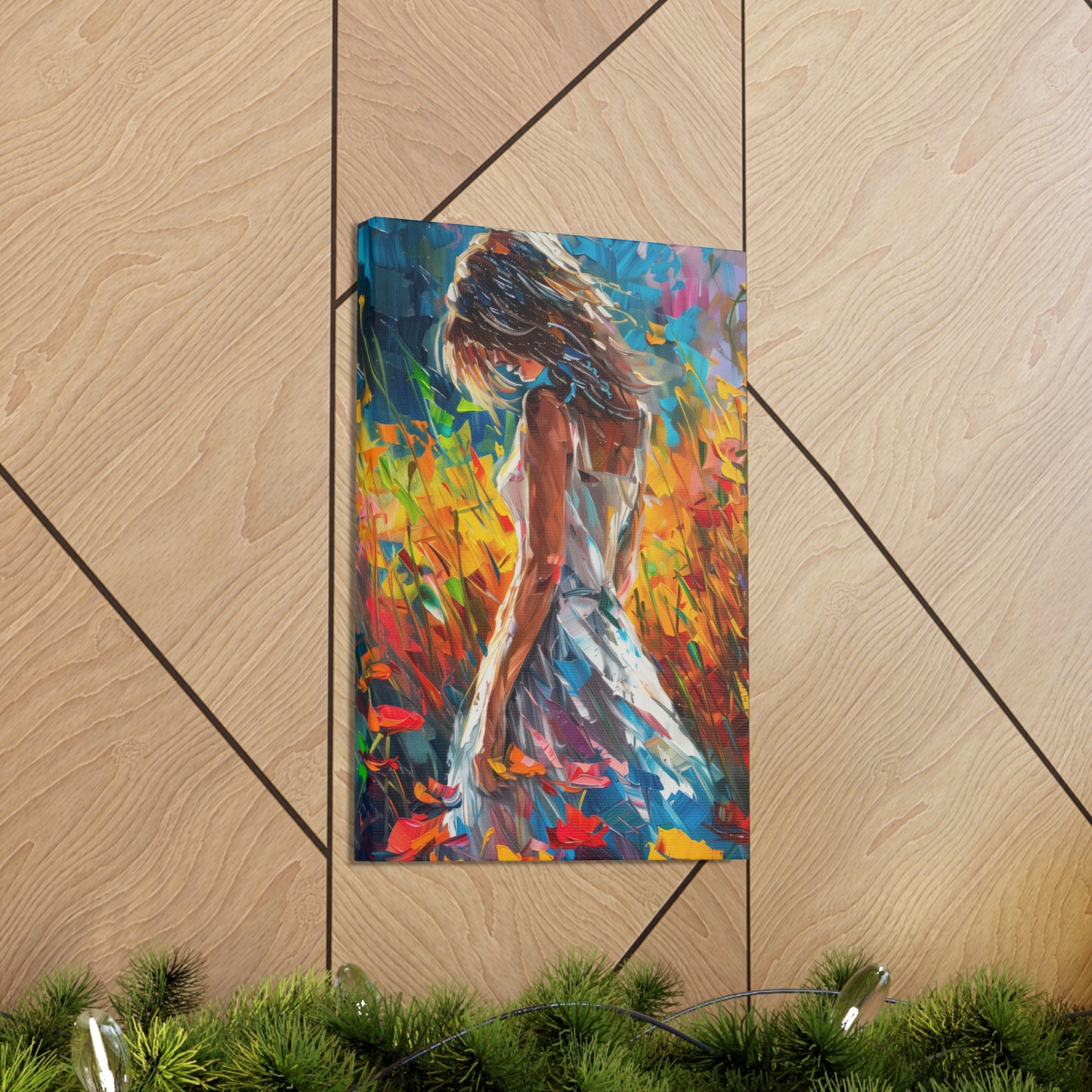 a girl standing in flower field Digital Oil Painting Print Canvas Gallery Wraps