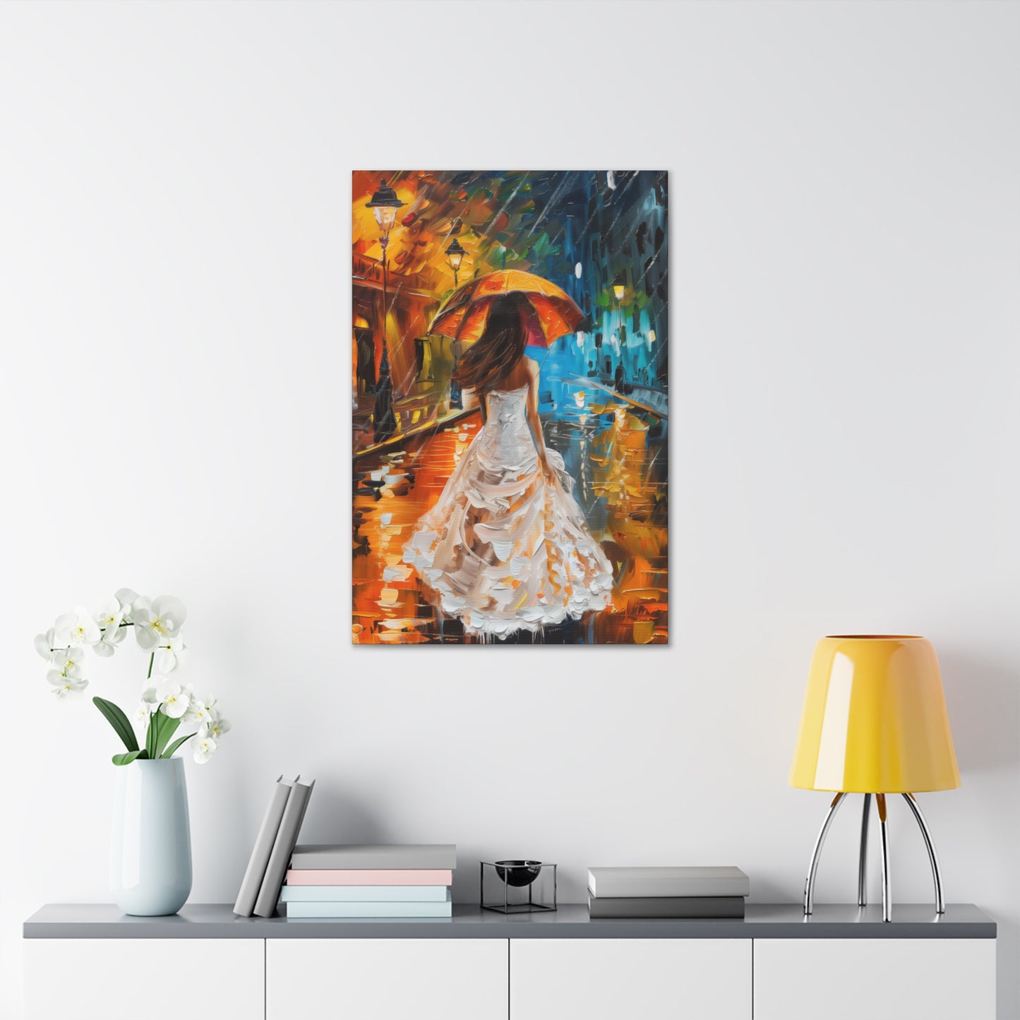 bride walking in street in rain - Leonid Afremov Style Digital Print Canvas Gallery Wraps