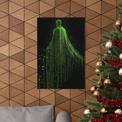 Neon Code Guardian: 3D Glitch Superman Matrix Effect - Digital Illustration Matte Vertical Poster