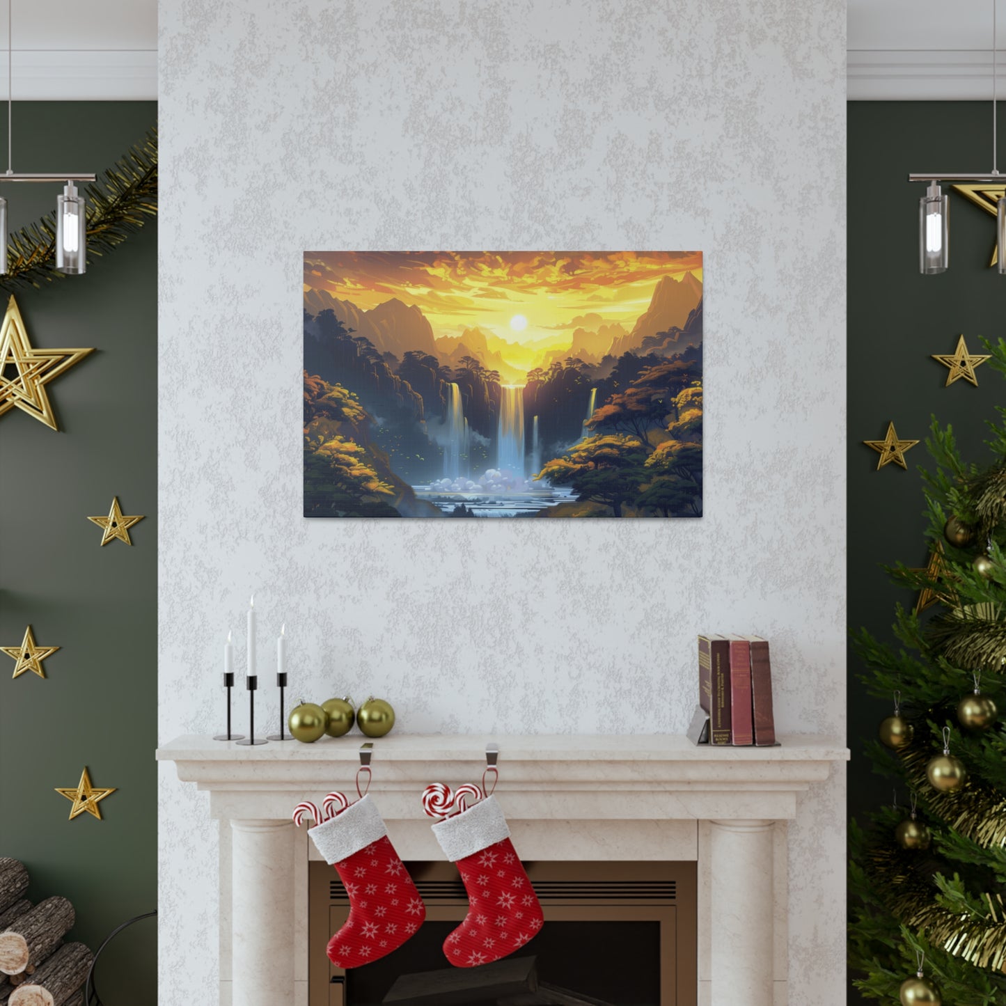 Dreamy Landscape - Waterfall and Mountains in Golden Morning Illustration Canvas Gallery Wraps