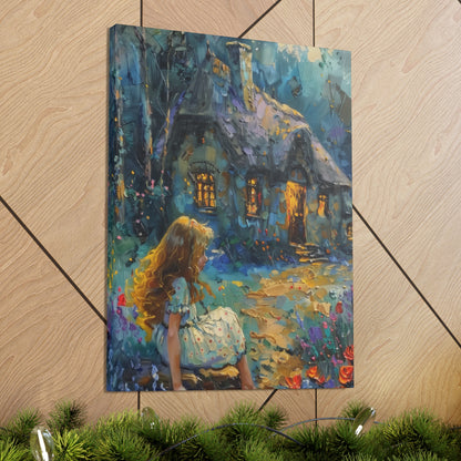 little girl sitting front of a hut in countryside Digital Oil Painting Print Canvas Gallery Wraps