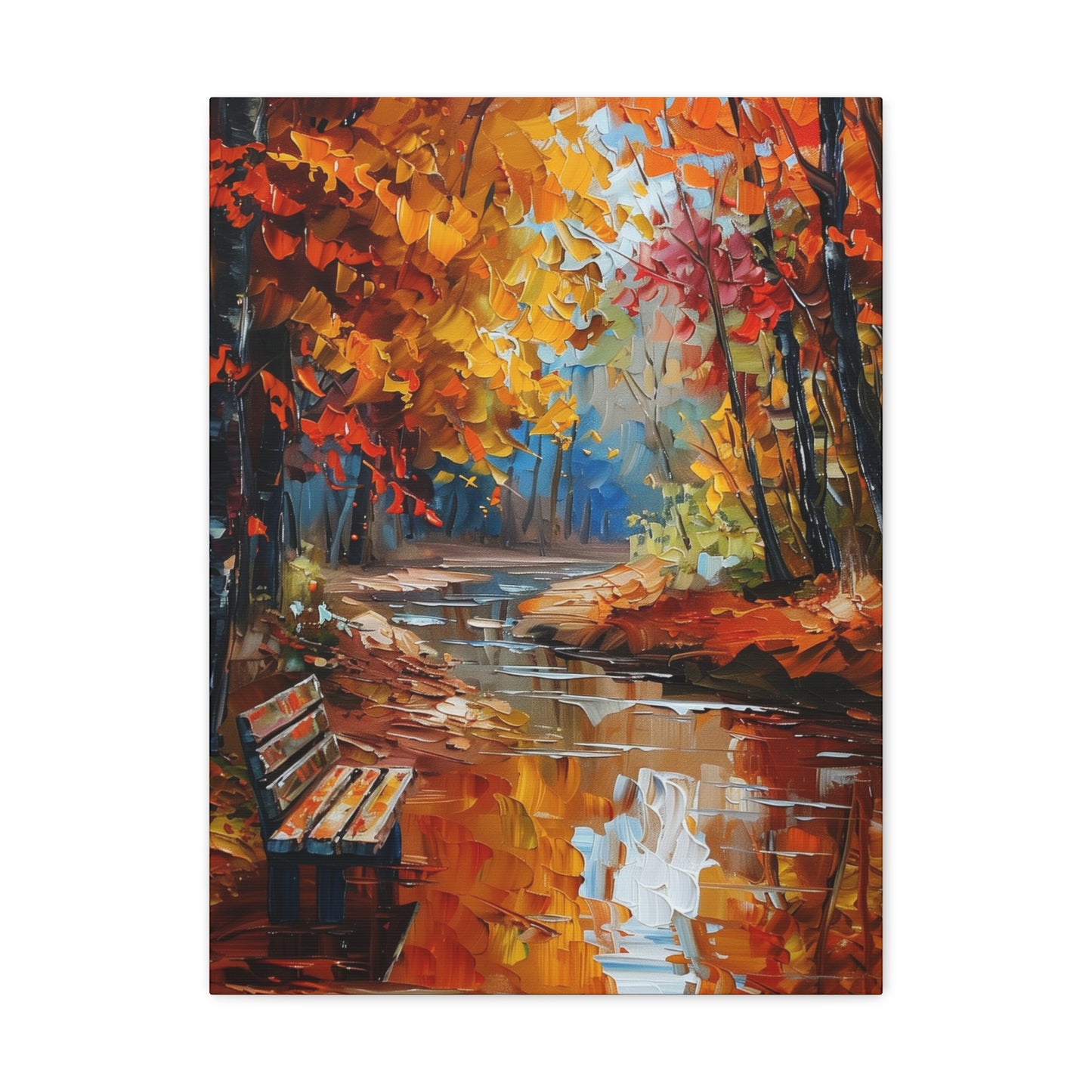 Bench Near Countryside River in Autumn - Leonid Afremov Style Digital Oil Painting Canvas Gallery Wraps