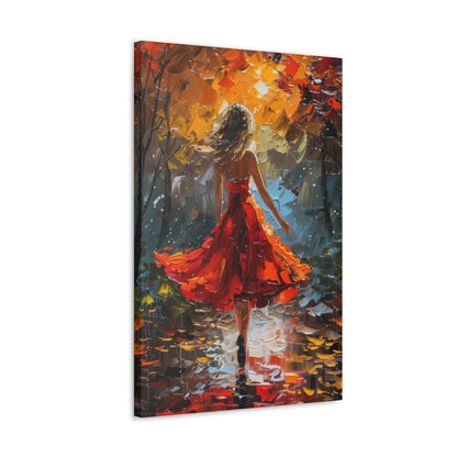 a girl in red dress walking through forest - Leonid Afremov Style Digital Print Canvas Gallery Wraps