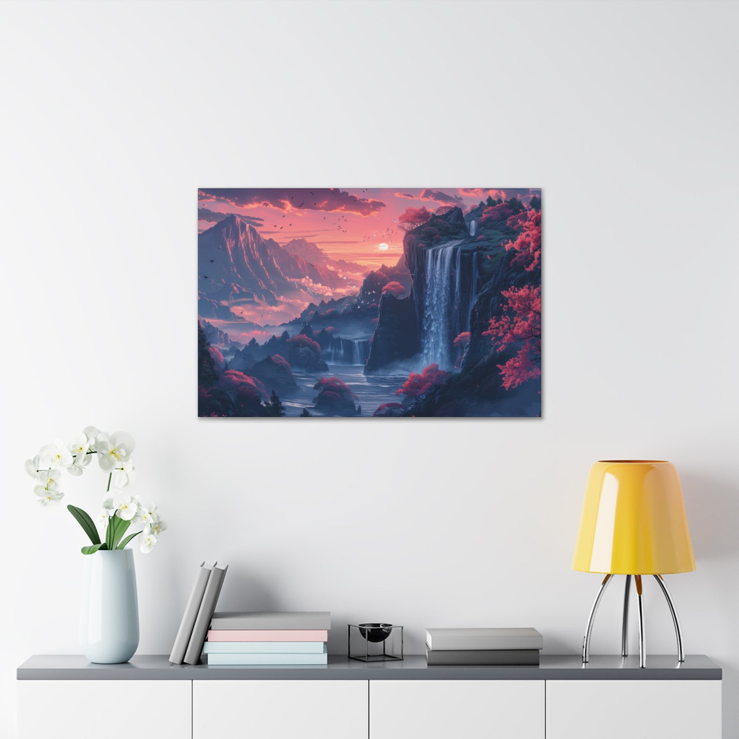 Dreamy Landscape Sunset with Waterfall and Mountains - Digital Illustration Canvas Gallery Wraps