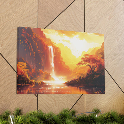 Dreamy Landscape Sunset with Waterfall and Mountains - Digital Illustration Canvas Gallery Wraps