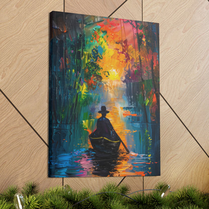 Man Sailing in a Boat in a Autumn Forest River - Claude Monet Style Digital Print Canvas Gallery Wraps