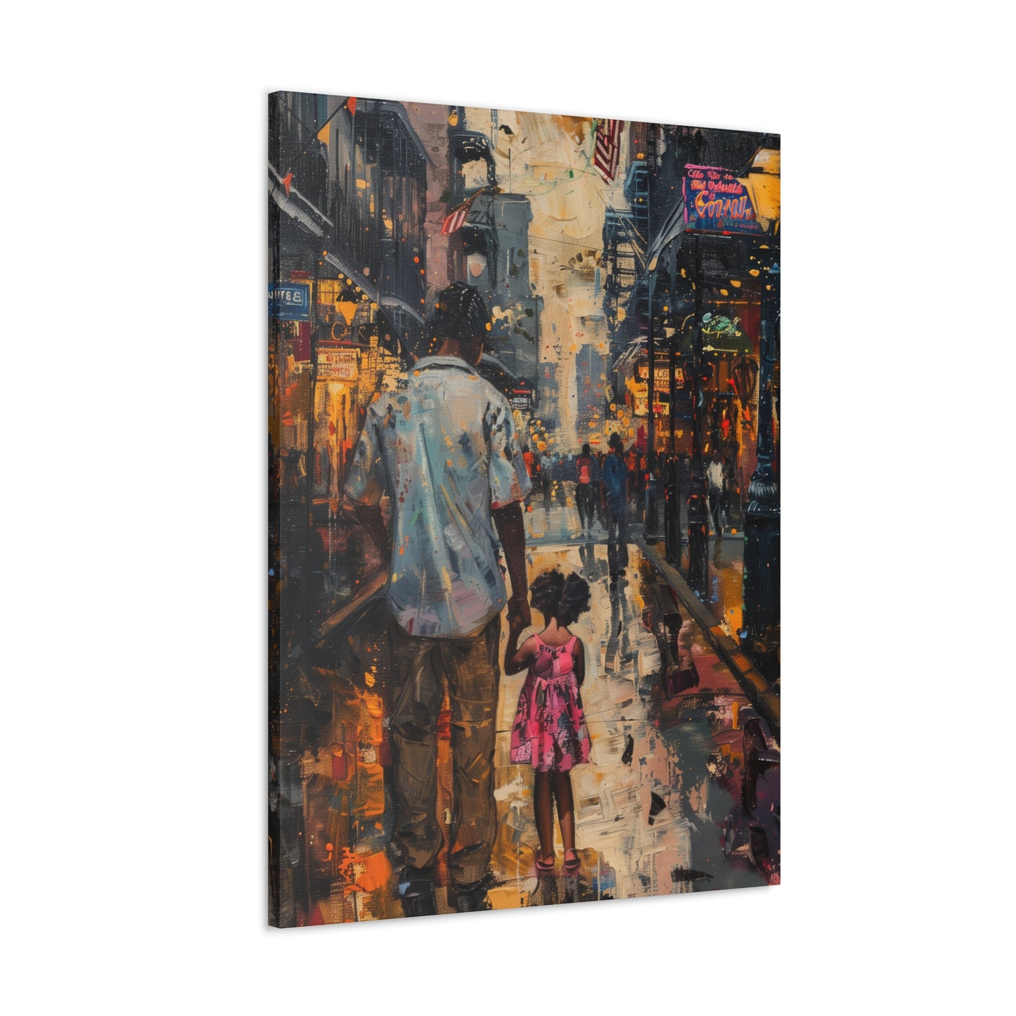 Father and Daughter Walking on the Street - Rembrandt Style Digital Oil Painting Canvas Gallery Wraps