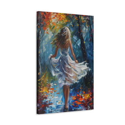 girl walking in the street wearing white dress - Leonid Afremov Style Digital Print Canvas Gallery Wraps