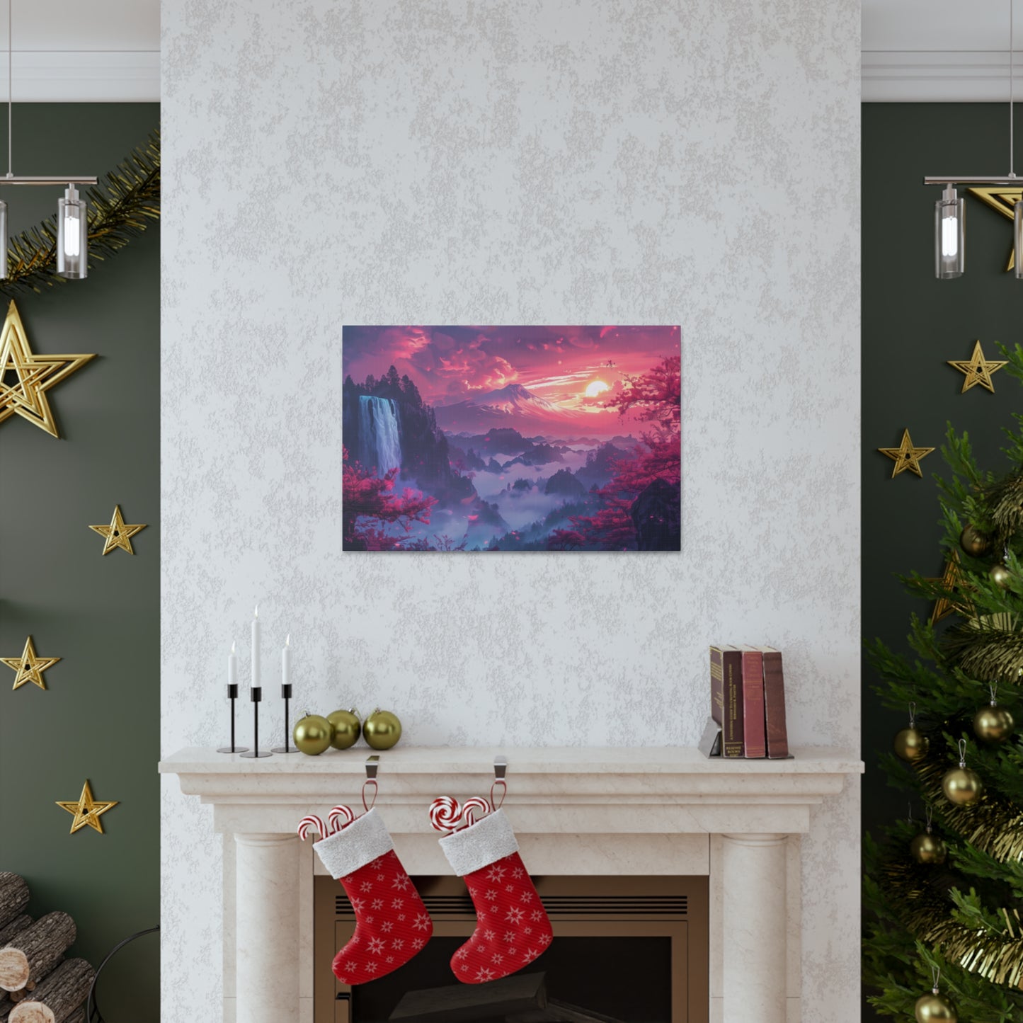 Dreamy Landscape Sunset with Waterfall and Mountains - Digital Illustration Canvas Gallery Wraps