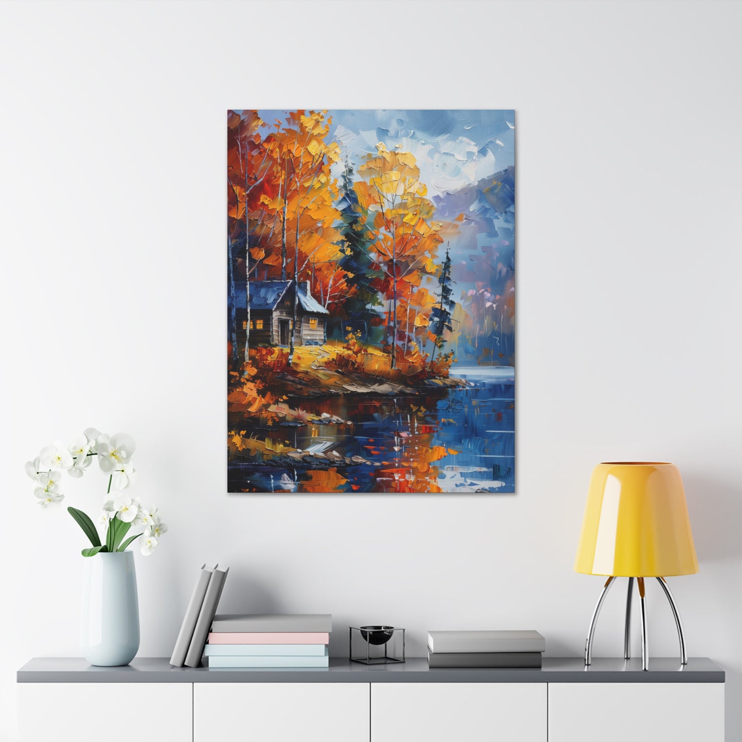 a house near the river which flows through autumn forest - Leonid Afremov Style Digital Print Canvas Gallery Wraps