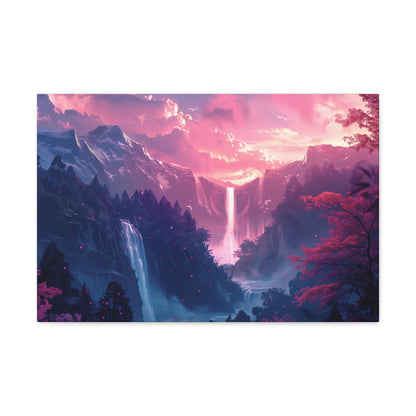 Dreamy Landscape with Waterfall and Mountains - Purple Evening Digital Illustration Canvas Gallery Wraps