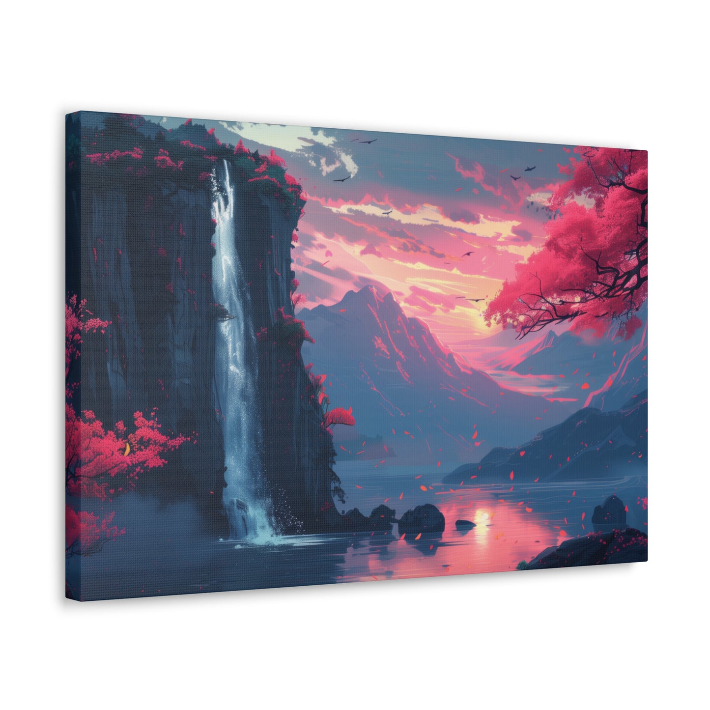 Dreamy Landscape with Waterfall and Mountains - Purple Evening Digital Illustration Canvas Gallery Wraps