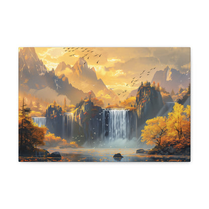 Dreamy Landscape Sunset with Waterfall and Mountains - Digital Illustration Canvas Gallery Wraps