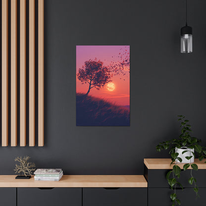 Tree in a Purple Sunset Digital Illustration Canvas Gallery Wraps