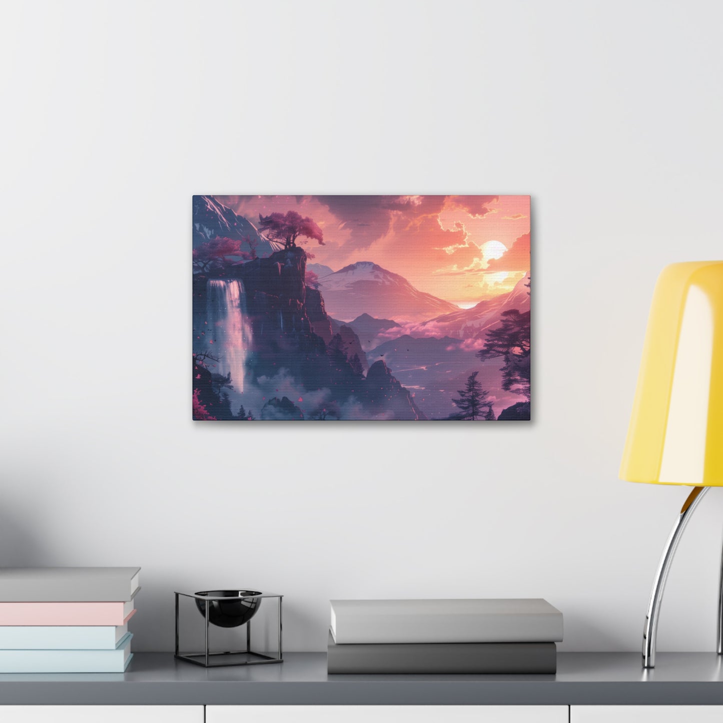 Dreamy Landscape with Waterfall and Mountains - Purple Evening Digital Illustration Canvas Gallery Wraps