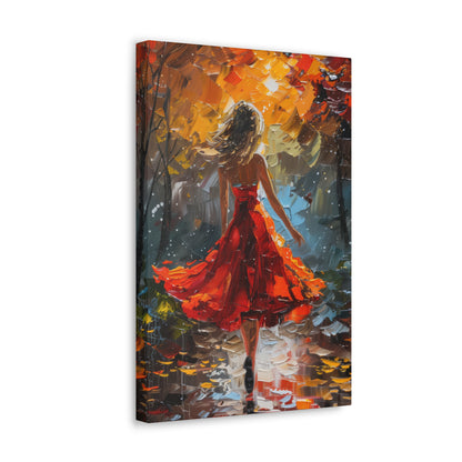 a girl in red dress walking through forest - Leonid Afremov Style Digital Print Canvas Gallery Wraps