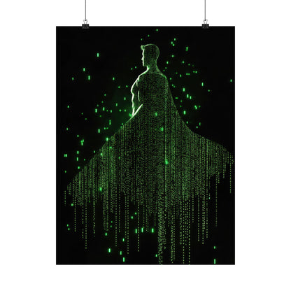 Neon Code Guardian: 3D Glitch Superman Matrix Effect - Digital Illustration Matte Vertical Poster