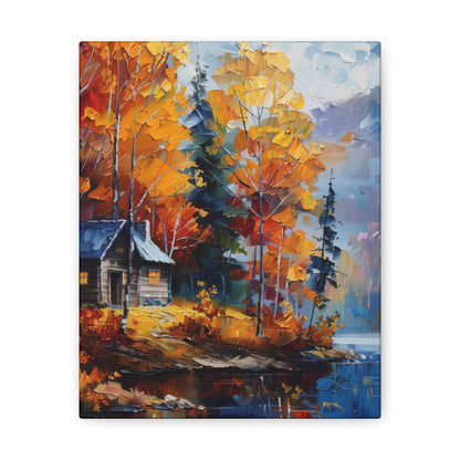 a house near the river which flows through autumn forest - Leonid Afremov Style Digital Print Canvas Gallery Wraps