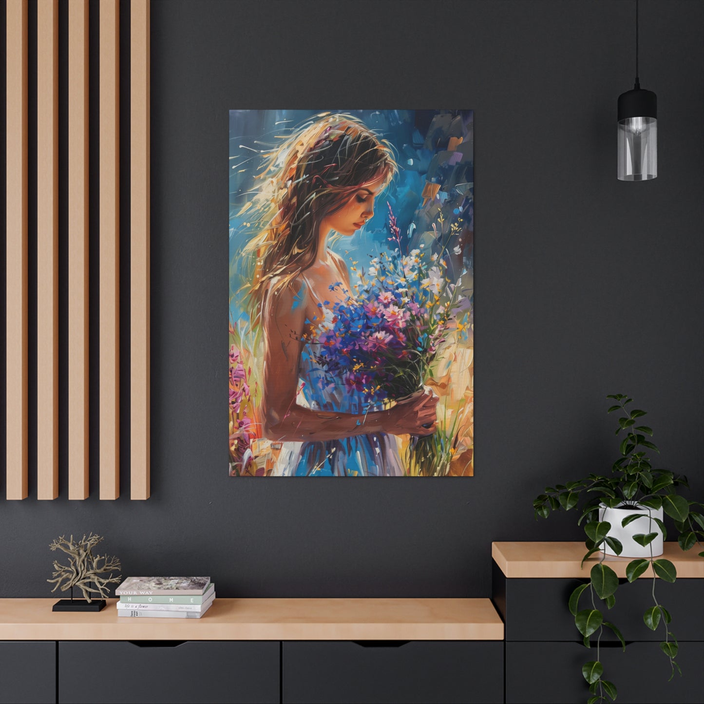 girl holding a flower bouquet - Leonid Afremov Style Digital Print Canvas Gallery Wraps