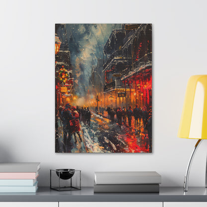 Christmas Street Corner with People in Downtown - Rembrandt Style Digital Oil Painting Canvas Gallery Wraps